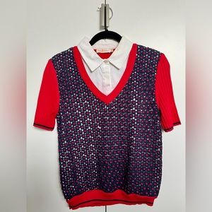 TORY BURCH- White Button Down with Blue/Red Sweater Vest Layered Knit Top (M)